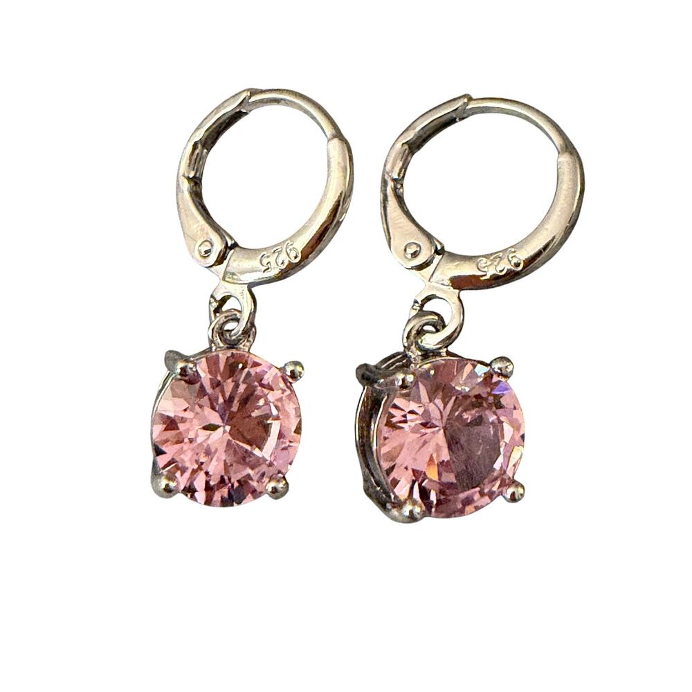 Pink Solitaire CZ Drop Earrings w/ 925 Stamp color Silver Lever-Backs - Picture 2 of 6